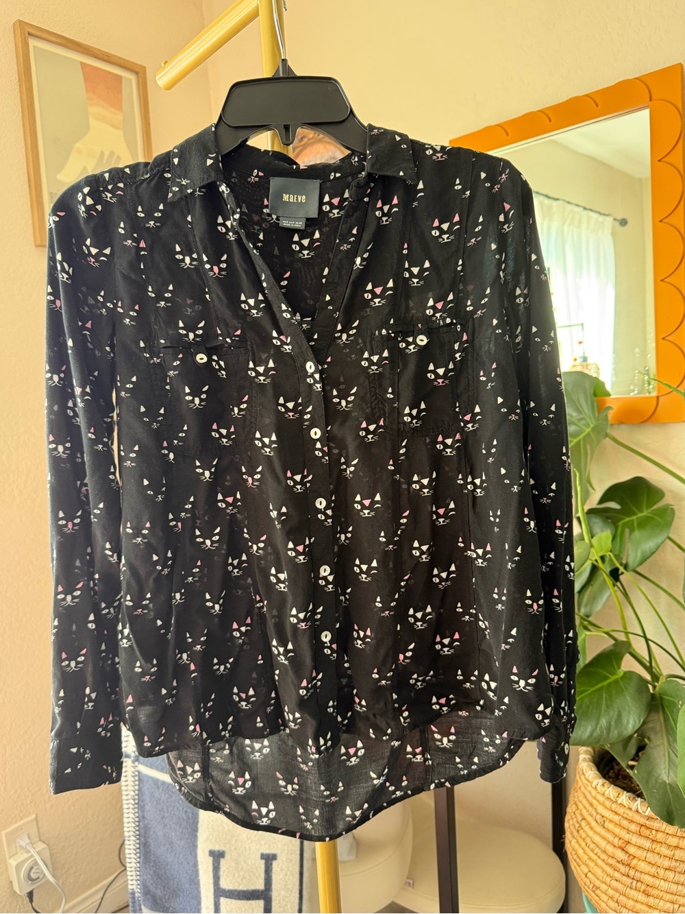 Maeve Black Cat Face Print Top with Pink & White Accents